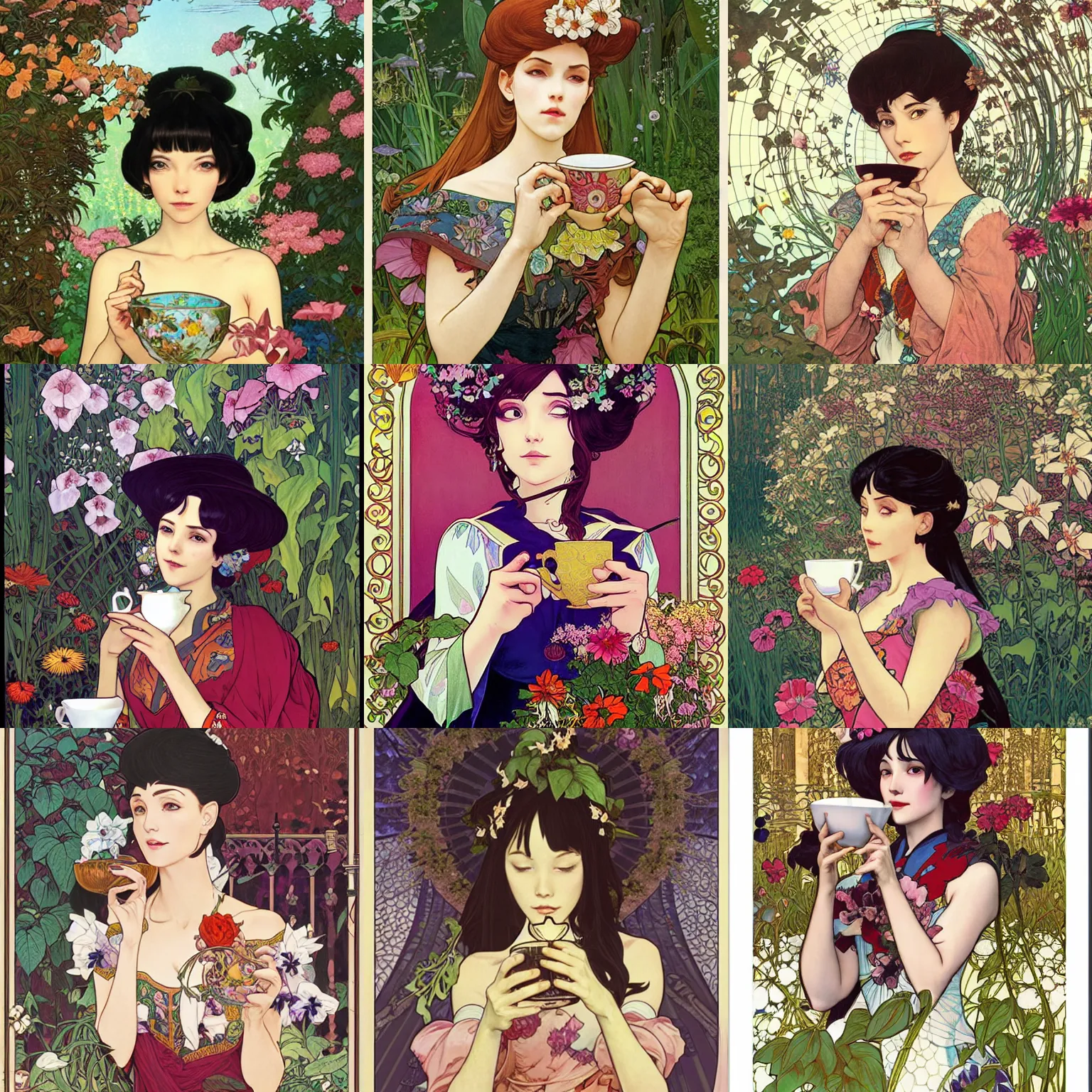 Prompt: Full body portrait of a sorceress sipping tea in her garden, illustration, exquisitely detailed, Ilya Kuvshinov, Hayao Miyazaki, Kazuma Kaneko, Alphonse Mucha