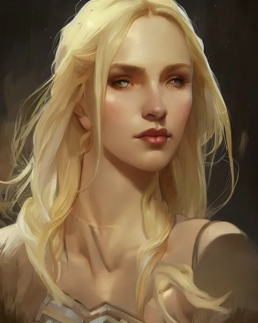 Image similar to '' Portrait of Beautiful blonde Slavic woman in her early 30’s, league of legends, LOL, fantasy, d&d, digital painting, artstation, concept art, sharp focus, illustration, art by greg rutkowski and alphonse mucha ''