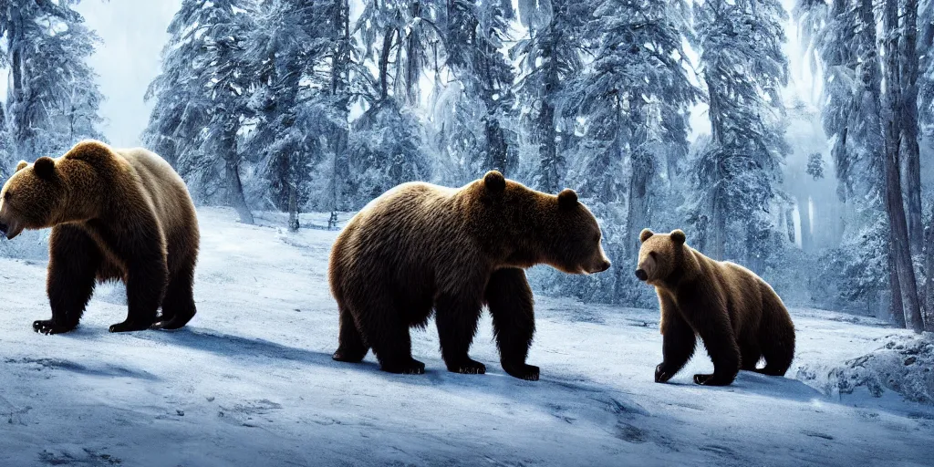 Prompt: Huge Bears wandering in the icey Nordic Scandinavian forest scavenging for food , realistic 4k octane beautifully detailed render, 4k post-processing, highly detailed, intricate complexity, epic composition, magical atmosphere, cinematic lighting, masterpiece, ultra hd