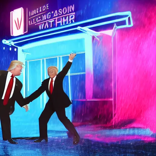 Image similar to donald trump and joe biden fighting inside of a car wash with neon lighting, 4k realistic photo