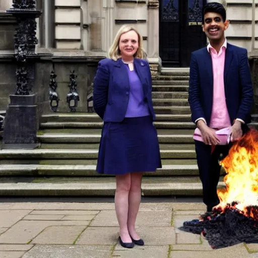 Image similar to Liz truss and Rishi sunak at parliament burning a pile of money. Daily Telegraph.