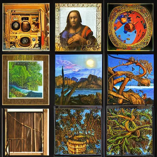 Prompt: photo gallerydock portraits of leonardo da vinci and the washing machine, dark psychedelic courtyard, poster art luminus rapids spice pine tree, by joe jusko and