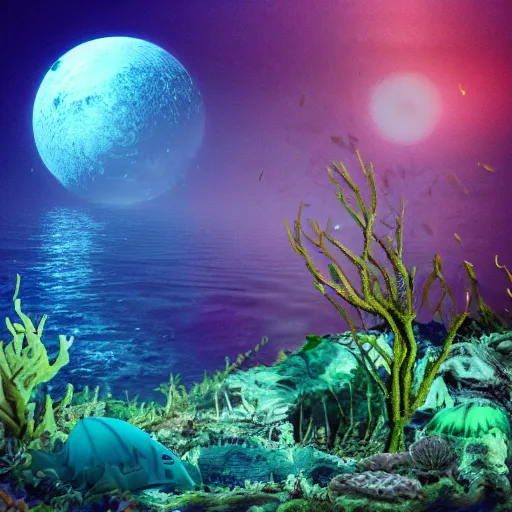 Prompt: Photograph of an underwater alien base, photorealistic, colorful, seaweed, moonlight, dark, smog,