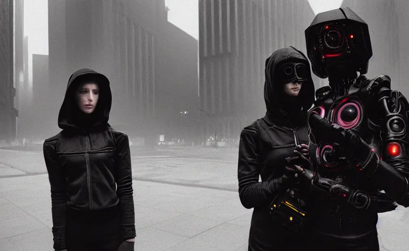 Prompt: cinestill 5 0 d photographic portrait by helen levitt of two loving female androids wearing black techwear in a brilliant cyberpunk city, extreme closeup, modern cyberpunk, dust storm, 8 k, hd, high resolution, 3 5 mm, f / 3 2, ultra realistic faces, intricate detail, ex machina