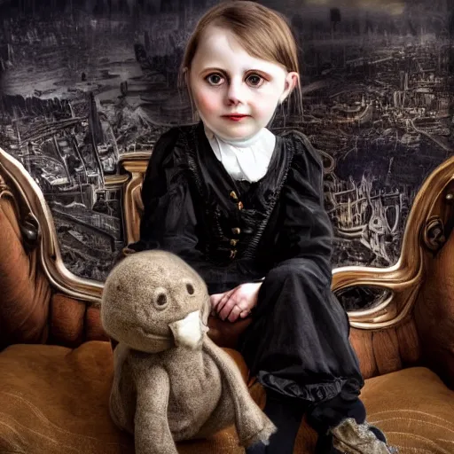 Image similar to a color photo of young sad victorian gothic child with big eyes and wide grin sitting on a sofa of bones surrounded by a cyber futuristic cityscape made of human body parts, ultra detailed, 8 k resolution, beautiful lighting, expansive detailed layered city, landscape, sigma 8 5 mm, award winning photography