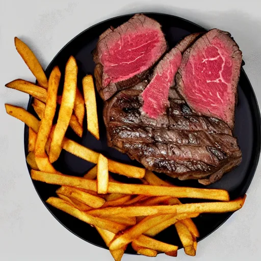 Prompt: a porterhouse steak with a side of steak fries, alexa 65