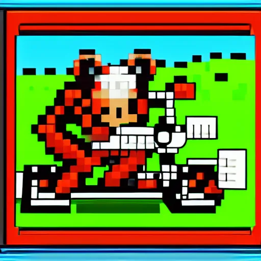 Image similar to bear riding bike shooting gun, 8bit style