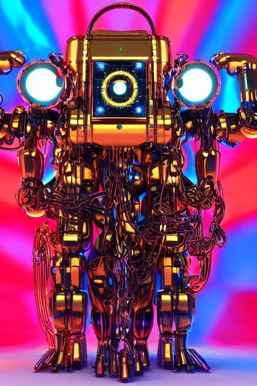 Prompt: portrait photo of a giant huge golden and blue metal humanoid steampunk robot piano player with multicolored big gears and tubes, a red piano, eyes are glowing red lightbulbs, shiny crisp finish, 3 d render, 8 k, insaneley detailed, fluorescent colors, background is multicolored lasershow