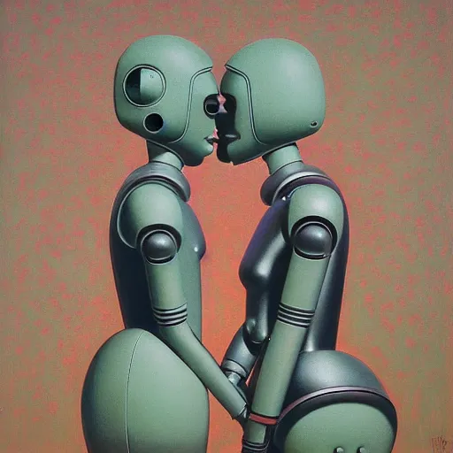 Image similar to portrait of an two robots kissing each other wearing astro helmet with tight black latex dress tight suit by Andy warhol, Edward Hopper and James Gilleard, Zdzislaw Beksinski, Mark Ryden, Wolfgang Lettl highly detailed