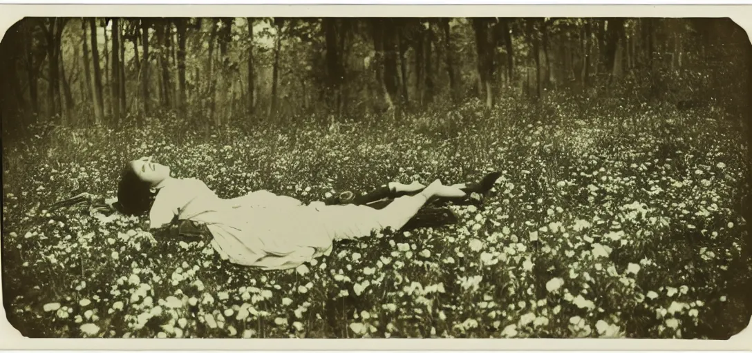 Image similar to beautiful woman on the ground covered in flowers, Forest, ray gods, 1910 polaroid photography