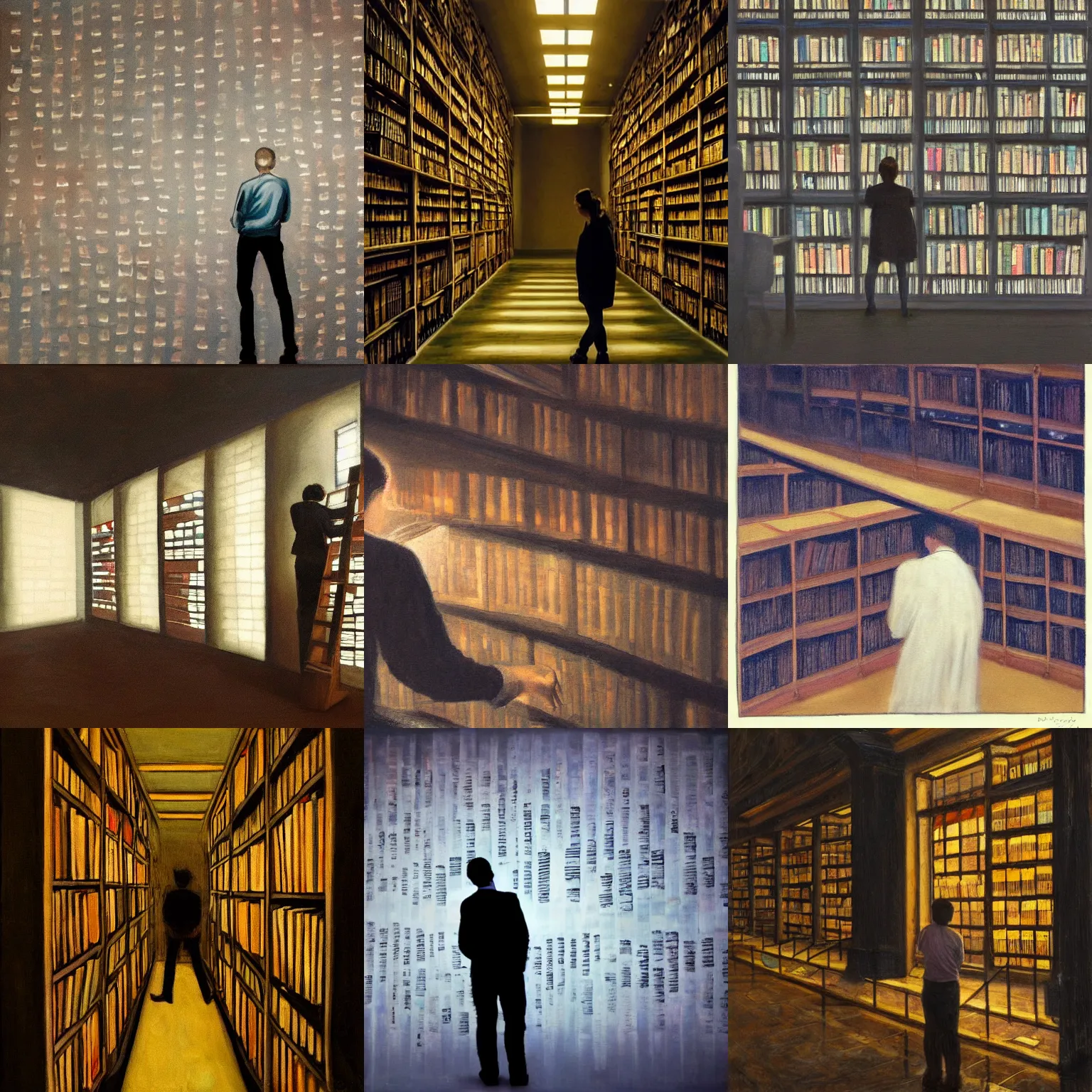 Prompt: a person looking up into a dimly lit infinite library, painting