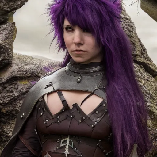 Image similar to anya charlota as a medieval fantasy tolkien elf, dark purplish hair tucked behind ears, wearing leather with a fur lined collar, wide, muscular build, scar across the nose, one black, scaled arm, cinematic, character art, real life, 8 k, detailed.