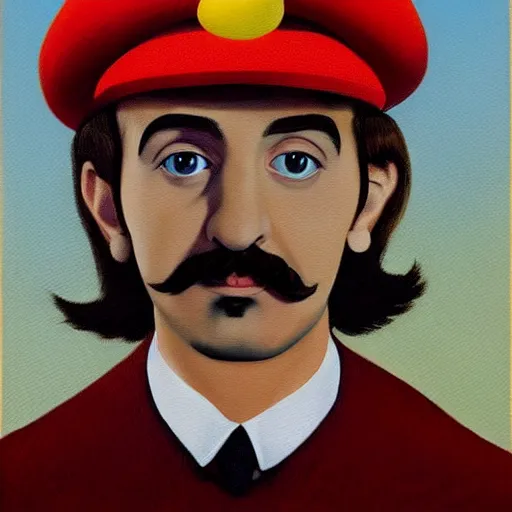 Prompt: painting of a young ringo starr as mario by rene magritte, hd, 4 k, detailed, award winning