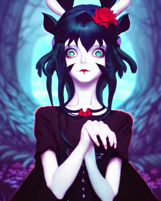 Prompt: portrait of cute goth alice from wonderland, anime key visual, by peter mohrbacher and ilya kuvshinov and wlop and makoto shinkai and studio ghibli