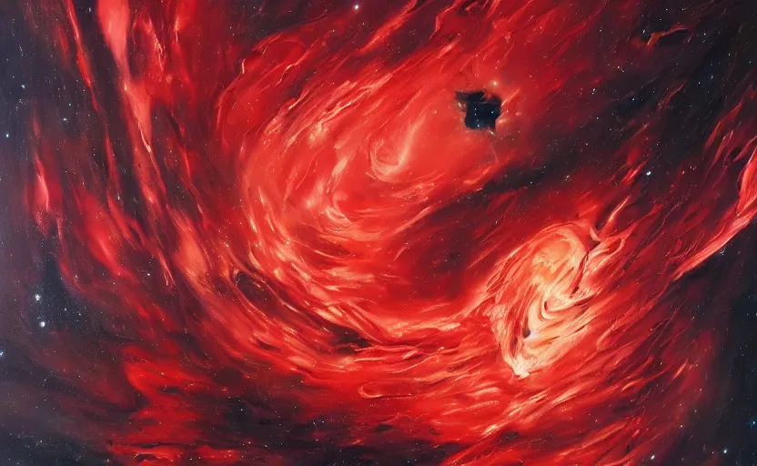 Image similar to an oil painting of a beautiful space nebula, red and black; hyper-detailed; an extraordinary masterpiece!!!; flawless; trending on artstation