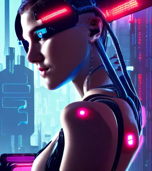 Image similar to cable plugged into cyberdeck, back of head, very very beautiful cyberpunk woman, computer, 1 9 7 9 omni magazine cover, style by vincent di fate, cyberpunk 2 0 7 7, very coherent, detailed, 4 k resolution, unreal engine, daz