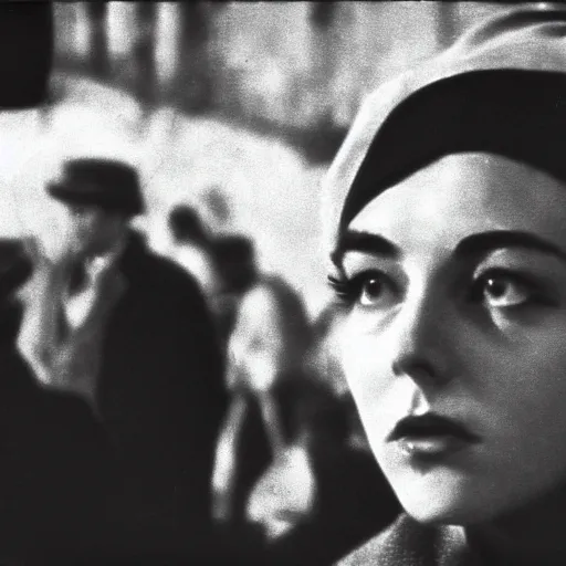 Image similar to still from a masterpiece 1 9 6 0 s french art film, beautiful girl in beret with large eyebrows sits in the far background with an angry expression, moody lighting, viewed from afar, cinematic shot, the camera is focused on a crowd of people