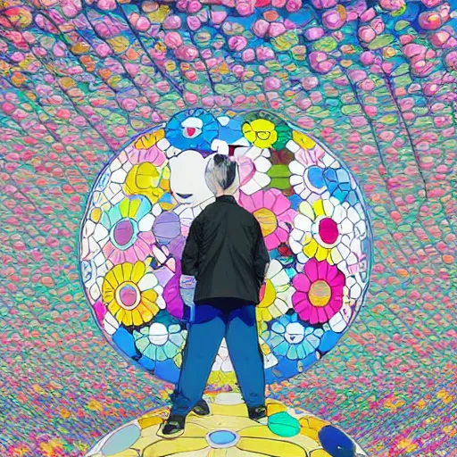 Image similar to a man walking on clouds away from the camera above kyoto by takashi murakami, beeple and james jean, aya takano color style, 4 k, super detailed, modern, 4 k, symmetrical