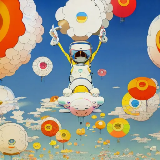 Image similar to a man walking on clouds above kyoto by takashi murakami, beeple and james jean, aya takano color style, 4 k, super detailed