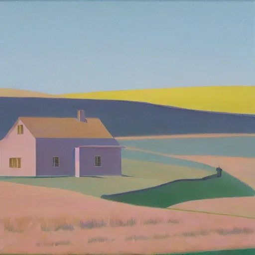 Image similar to dreaming futuristic rural landscape with modern houses, painted by Alex Katz and Edward Hopper, airbrush, highly detailed