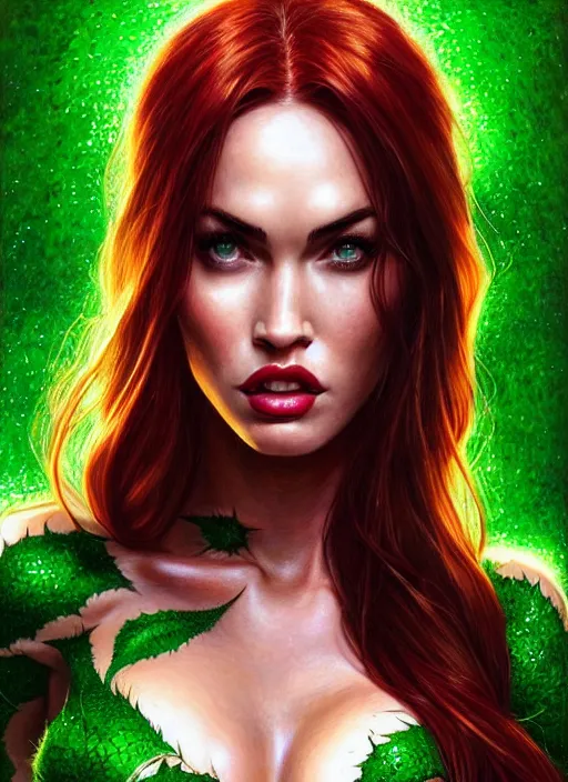 Image similar to portrait of megan fox as poison ivy, intricate, elegant, glowing lights, highly detailed, digital painting, artstation, glamor pose, concept art, smooth, sharp focus, illustration, art by artgerm and greg rutkowski, artey freytag