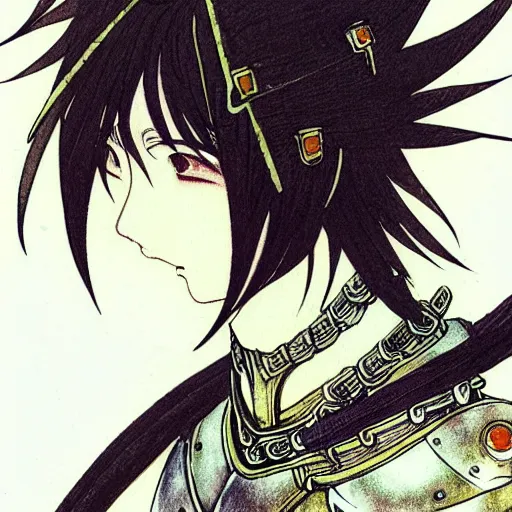 Image similar to prompt: human Fragile looking character soft light portrait face drawn by Takato Yamamoto, modernistic looking armor with wild hairstyle, inspired by Evangeleon anime, alchemical objects on the side, soft light, intricate detail, intricate ink and gouache painting detail, manga and anime 1990 high detail, manga 1990