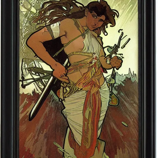 Prompt: postapocalyptic warrior, painted by alphonse mucha