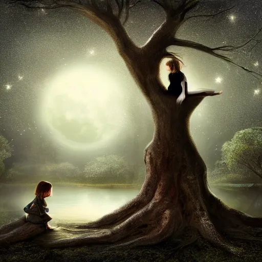 Image similar to a star - gazing girl sits on the roots of an ancient tree next to a pond, the moon can be glimpsed through the trees, towering forest veiled by fog, dark fantasy, night time, realistic painting, ultra detailed