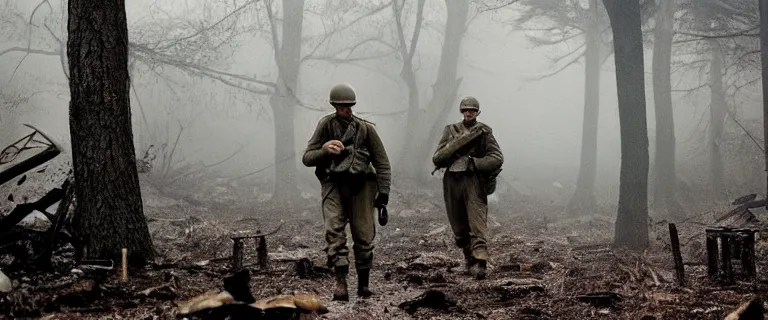 Image similar to cinema still of wwii american soldiers walking into a deserted camp full of decomposing bodies in the middle of an eerie dark forest, heavy rain, horror, highly detailed, creepy cinematic light, cooke lens 2 2 mm deep focus, horror, promotional photograph, smooth, sharp focus, golden ratio, dramatic illumination, ultra realistic, 4 k, shot by christopher nolan and steven spielberg