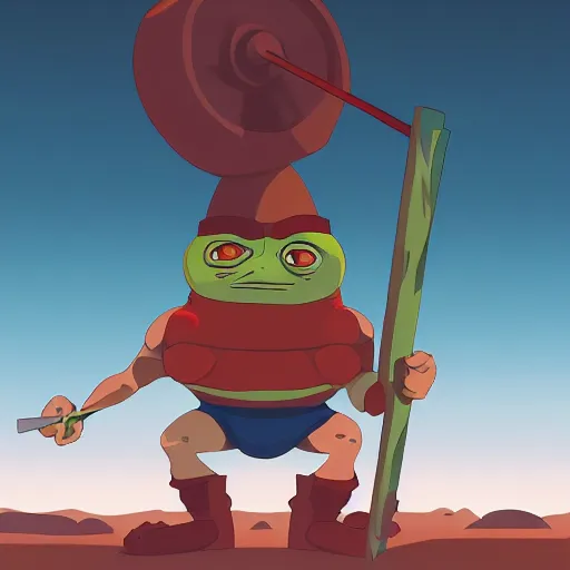 Image similar to Pepe frog muscular warrior character in Joan Cornella style, HD , 4K, volume light, sharp focus, cinematic composition, dramatic pose, hyper detailed,
