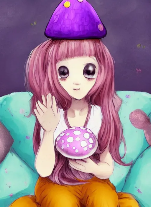 Prompt: a beautiful little girl wearing a mushroom hat sitting in her room petting a frog in her lap | | purple hair, pretty face, sharped details, in yo - jo life art style, trending on pixiv