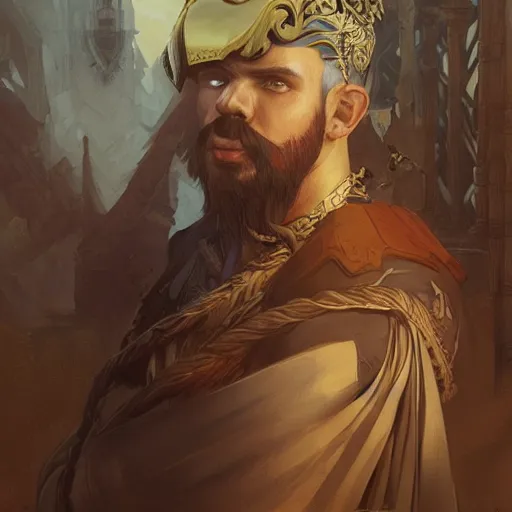 Prompt: bearded sultan, portrait, headshot, D&D, fantasy, highly detailed, digital painting, artstation, concept art, sharp focus, illustration, art by artgerm and greg rutkowski and alphonse mucha