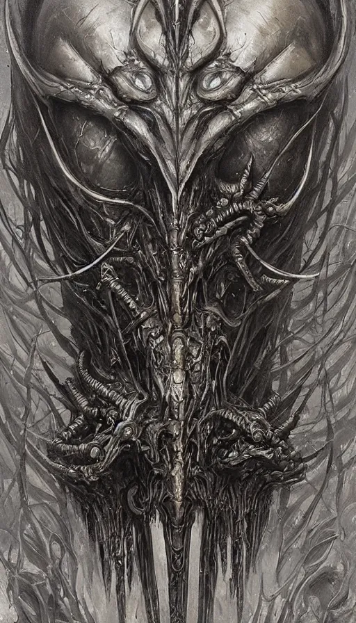 Prompt: Elden Ring and StarCraft themed painting of alien symmetrical breathing armor face mask pattern concept, intricate artwork by H.R. Giger, Johnatan Wayshak, Zdizslaw Beksinski, Ayami Kojima, Amano, Karol Bak, Greg Hildebrandt, and Mark Brooks, Neo-Gothic, gothic, rich deep colors, art by Takato Yamamoto, masterpiece, face by Artgerm, very coherent artwork, cinematic, hyper realism, high detail, octane render, unreal engine, 8k, High contrast, golden ratio, trending on cgsociety