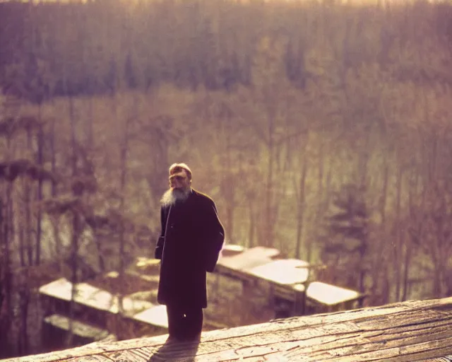 Image similar to award - winning lomographic tarkovsky film still of 4 0 years russian man with beard and sweater standing on small hrushevka 9 th floor balcony in taiga looking at sunset, kodak ektar, bokeh