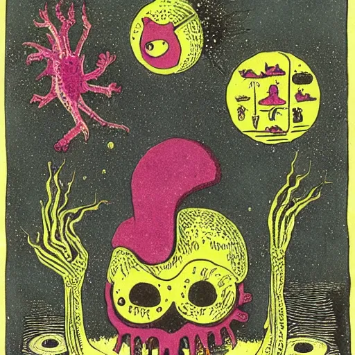 Image similar to uncanny monsters of the imagination in a surreal risograph alchemical manuscript