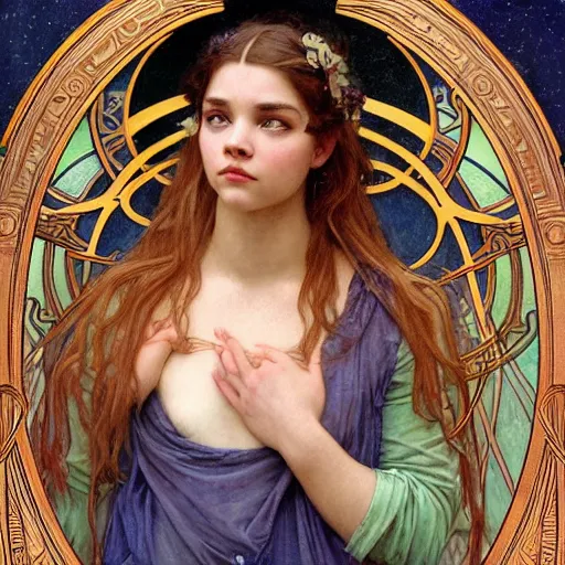 Image similar to detailed portrait art nouveau painting of the goddess of the moon, backlit, who resembles cyborg Anya Taylor Joy, Chloe Grace Moretz, and Emma Watson with anxious, piercing eyes, by Alphonse Mucha, Michael Whelan, William Adolphe Bouguereau, John Williams Waterhouse,and Donato Giancola