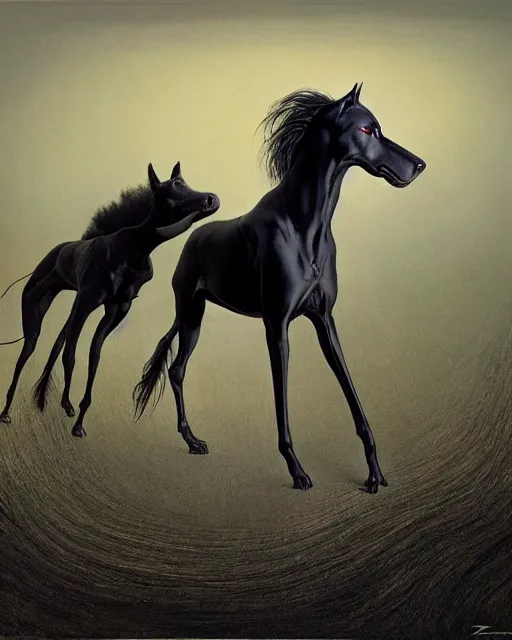 Image similar to painting of hybrid between black weimaraner & black stallion horse! & intercrossed animal, by zdzislaw beksinski, by mattias adolfsson, concept art, single object scene, beautiful composition, 8 k, wide angle shot, fast shutter, dslr camera,