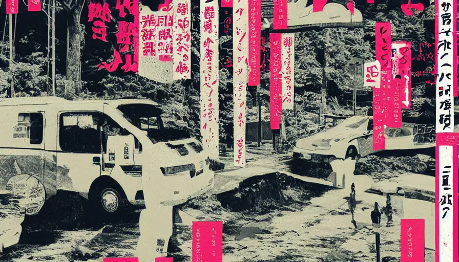 Prompt: Japan rural splendor touring travel c2050, surrealist psychedelic photo-collage painting spot illustration in the style of Newsweek magazine, +81 magazine, minimalist clinical white negative space, clinical muted deep neon color, spot color and metallic inks clean slick design