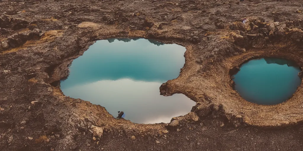 Image similar to cinematic wide shot of rop in the water in the middle of a lake in iceland, a rocky foreground, sunset, a bundle of rope is in the center of the lake, eerie vibe, leica, 2 4 mm lens, 3 5 mm kodak film, f / 2 2, anamorphic