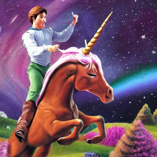 Prompt: wesley crusher riding a unicorn into battle impressionist oil painting fantasy 1 5