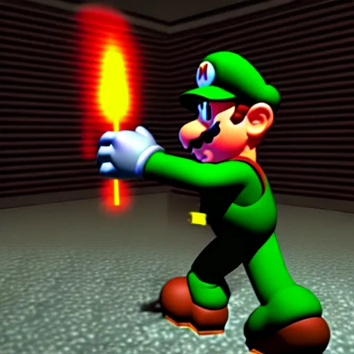 Prompt: mario in doom 6 4, mario is doom guy, doom dark moody colored lighting