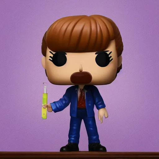 Image similar to jeffrey dahmer dragqueen funko pop, a funko pop on a table, oil painting