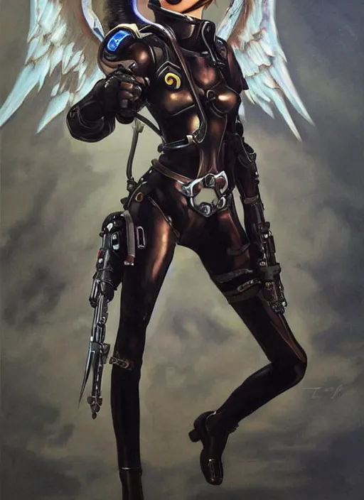 Image similar to full body artwork of tracer overwatch, wearing leather outfit, in style of zdzisław beksinski, angel wings, dramatic painting, symmetrical composition, wearing detailed steel collar, black shiny armor, chains, black harness, detailed face and eyes,