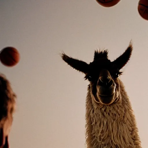 Image similar to film still of a llama dunking a basketball, low angle, extreme long shot, indoors, dramatic backlighting