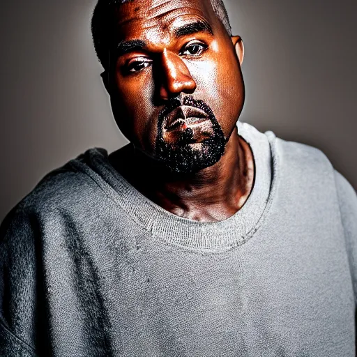 Prompt: the face of older kanye west wearing yeezy clothing at 5 0 years old, portrait by julia cameron, chiaroscuro lighting, shallow depth of field, 8 0 mm, f 1. 8