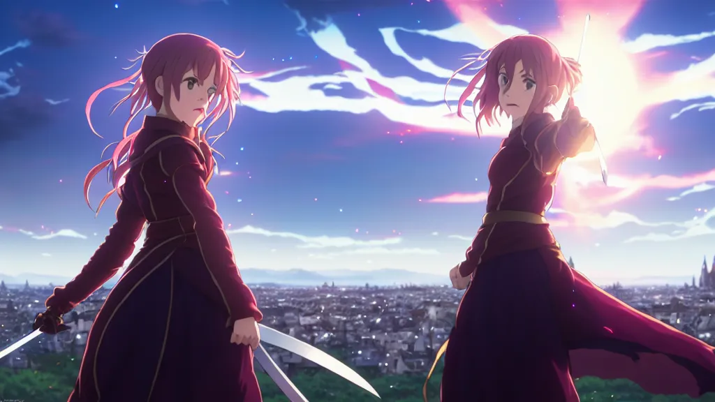 Image similar to emma watson in heavens feel movie, demon slayer, ufotable, kyoani, high quality, artstation, greg rutkowski, cinematic, city background, night time, rooftop, fate stay night, unlimited blade works, greg rutkowski, high resolution, dynamic pose, close up, street clothes, action, anime, high angle, sakuga