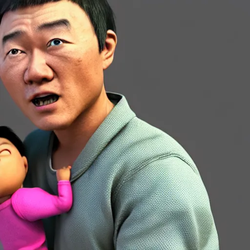 Image similar to shocked asian man holds black baby at hospital, he can ’ t believe his eyes, award winning art, pixar, 3 d render, unreal engine