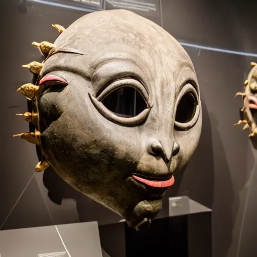 Image similar to traditional alien mask in a museum with spot lights, realistic, photography, photojournalism, national geographic photoshoot