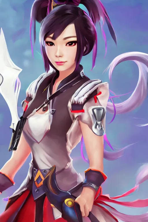 Image similar to a south korean female from video game paladins, white ponytail hair, she is holding kunai, highly detailed digital art, character design, masterpiece