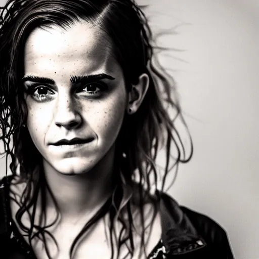 Image similar to Emma Watson, grungy, unkept hair, glowing eyes, modelsociety, wet from rain, radiant skin, huge anime eyes, bright on black, dramatic, studio lighting, perfect face, intricate, Sony a7R IV, symmetric balance, polarizing filter, Photolab, Lightroom, 4K, Dolby Vision, Photography Award